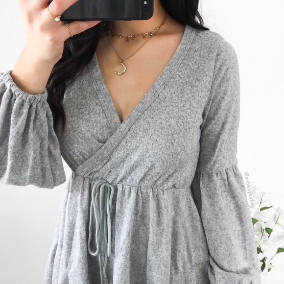 Soft & cozy gray wrap sweater mini dress - Picture 3 of 4